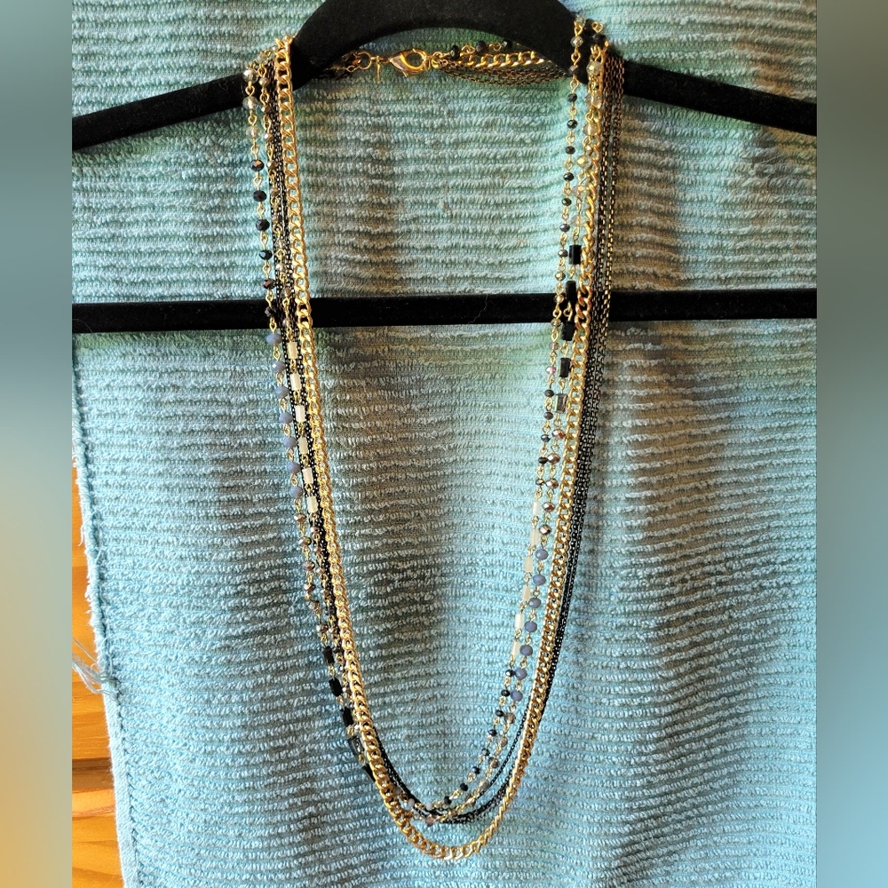 Express Elegant Gold & Black Long Beaded Layered Chain Necklace